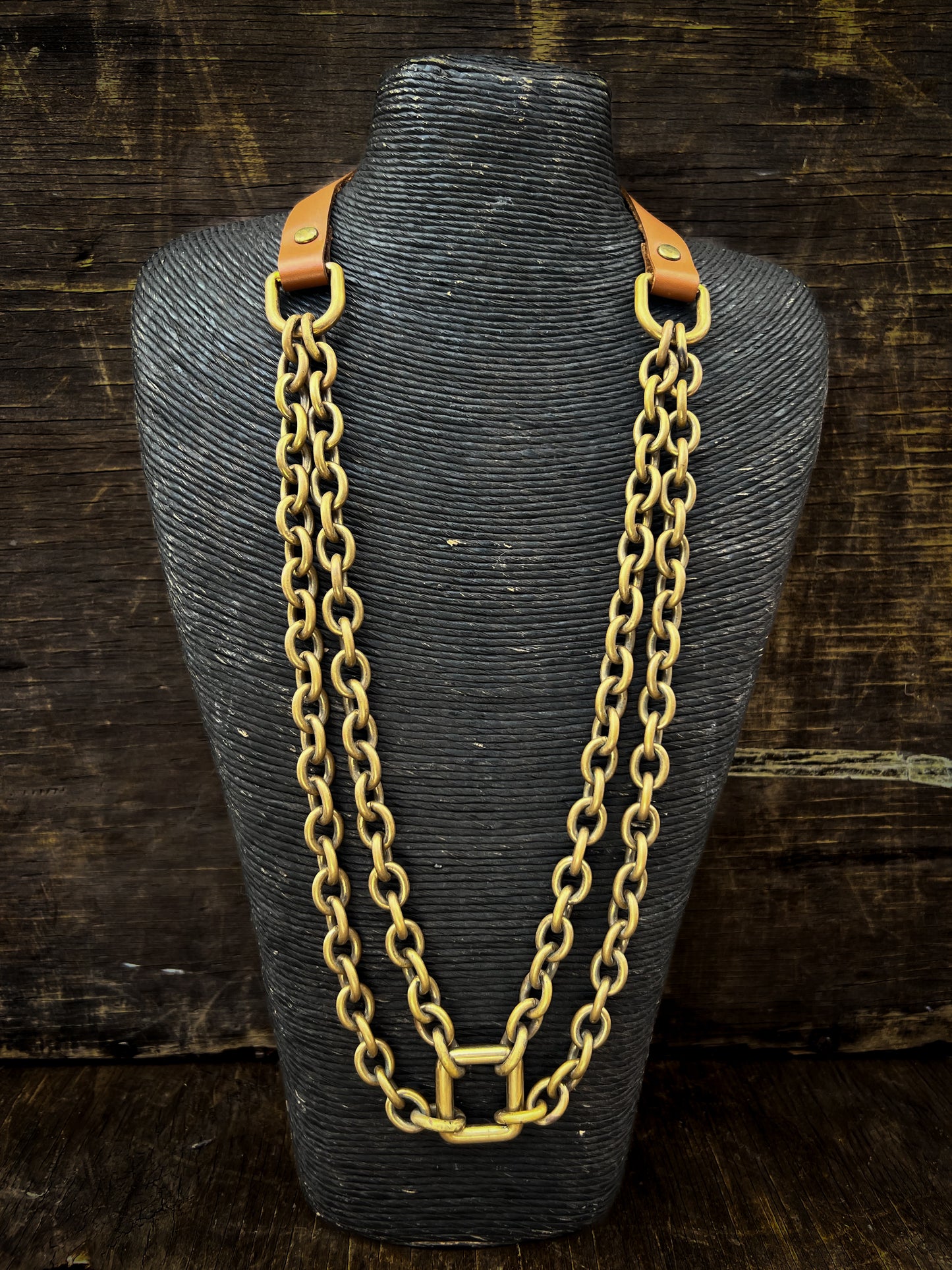 Brass Chain and Brown Leather Necklace