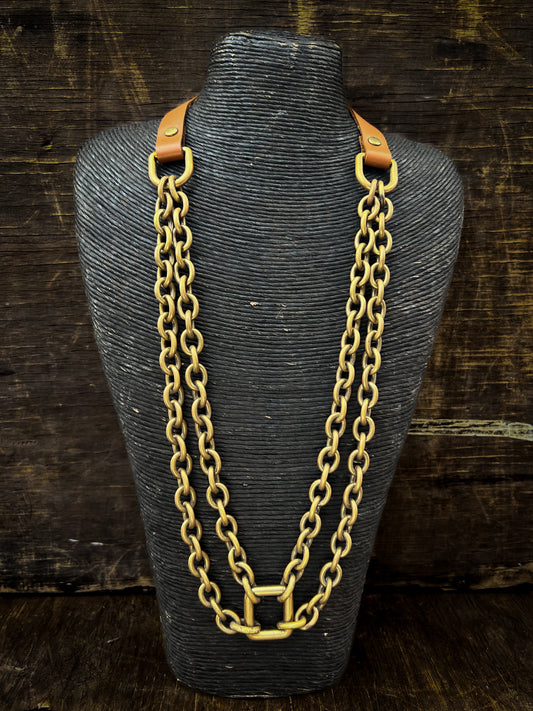 Brass Chain and Brown Leather Necklace